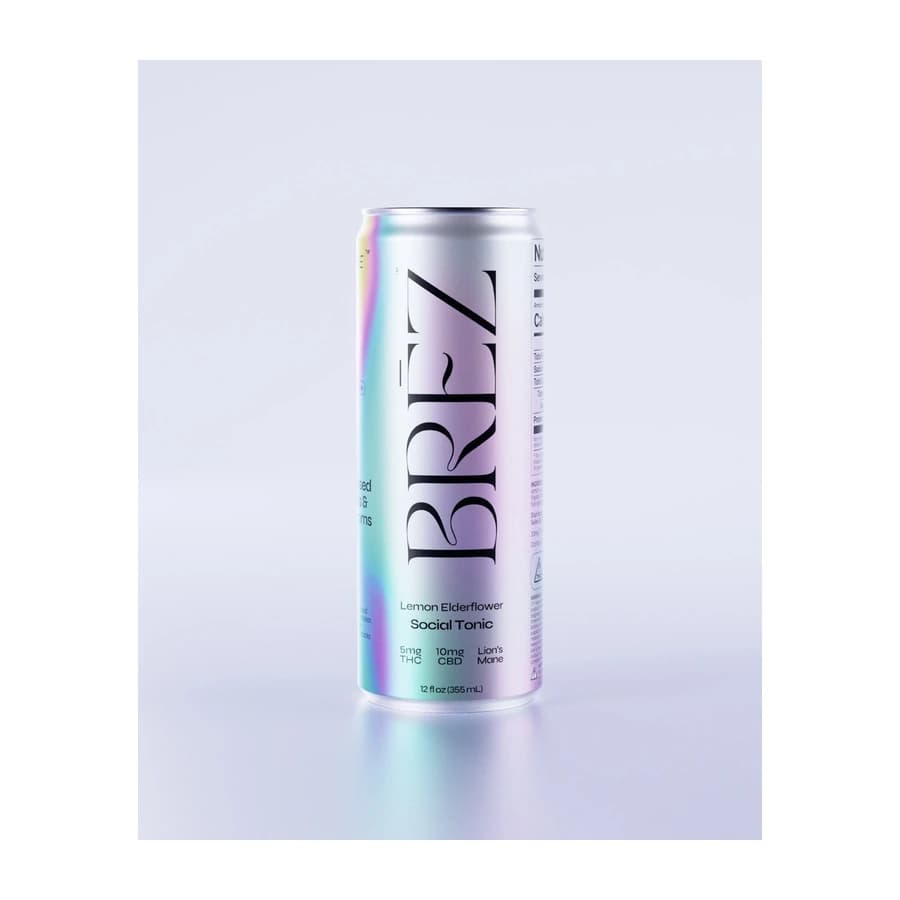 Iridescent BRĒZ OG can on a pale lavender background.