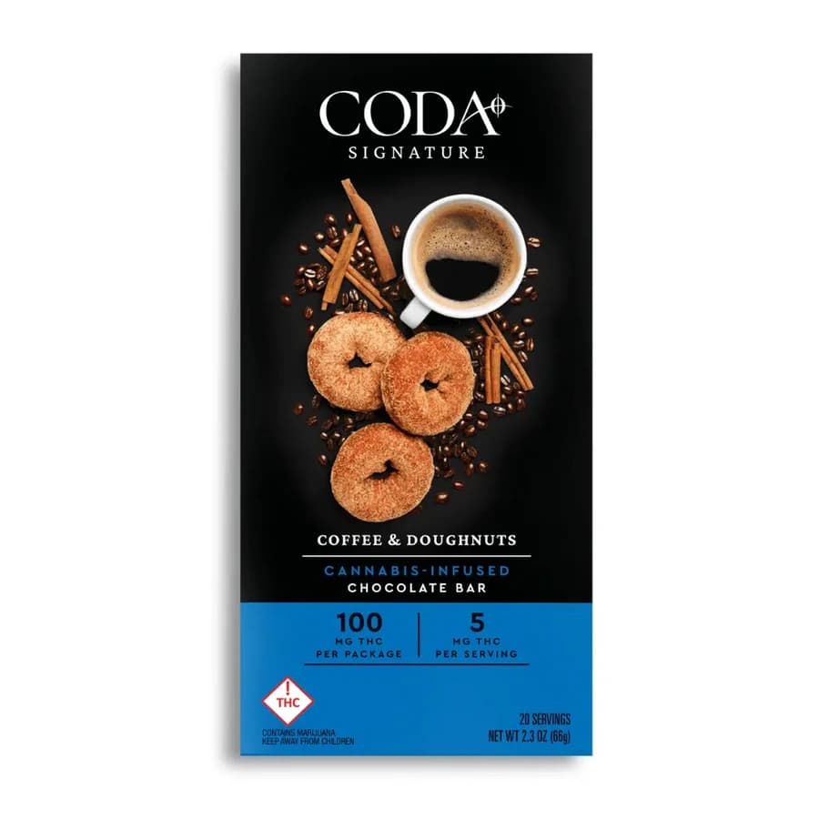 Coda Signature Coffee & Doughnuts chocolate bar in black and blue packaging.