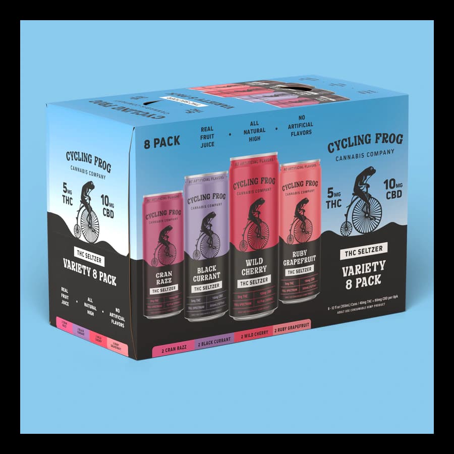 Cycling Frog Variety 8 Pack THC Seltzer box with four can illustrations