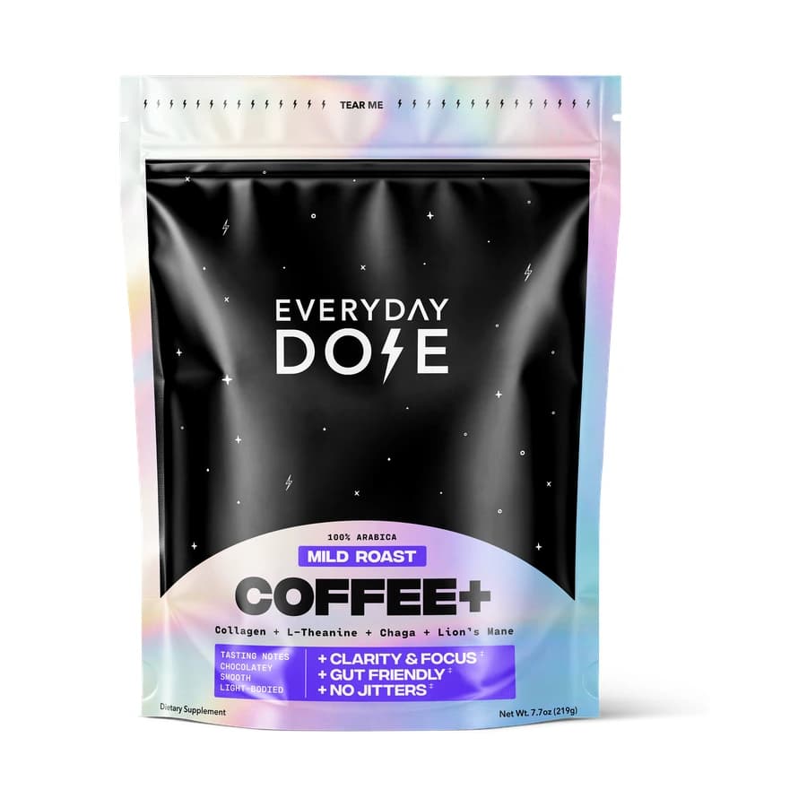 Black and iridescent Everyday Dose Coffee+ Mild Roast pouch with a purple label.