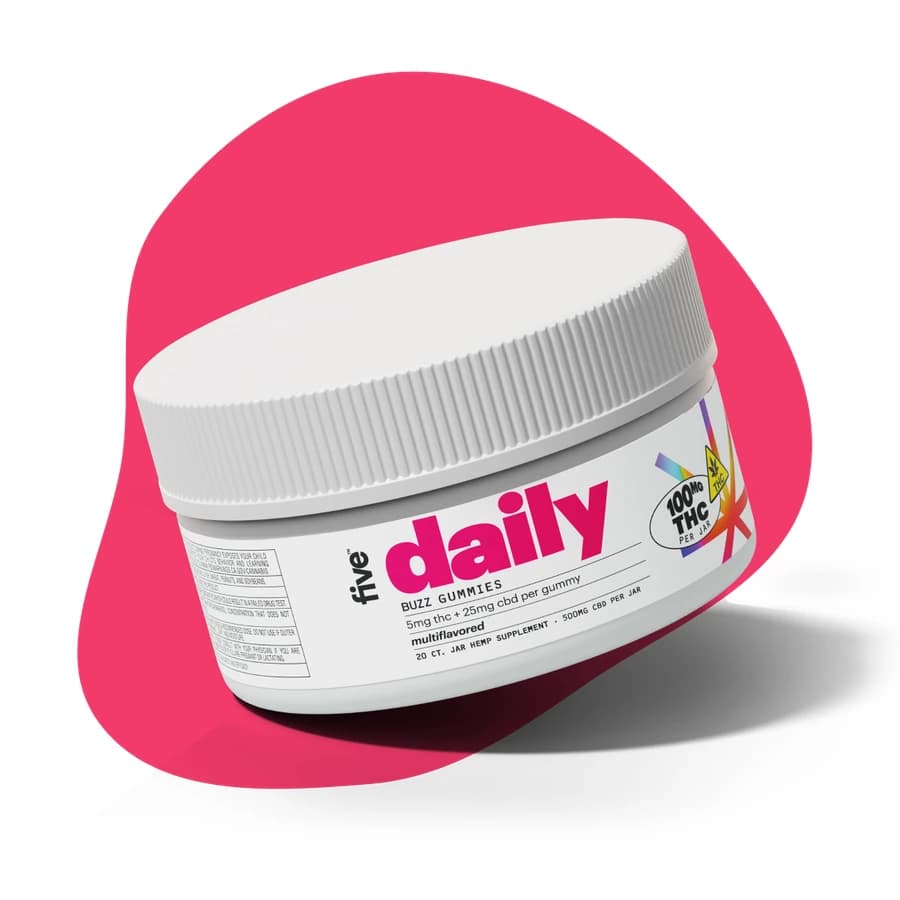 Five Daily Buzz gummies jar with a white lid and pink lettering.