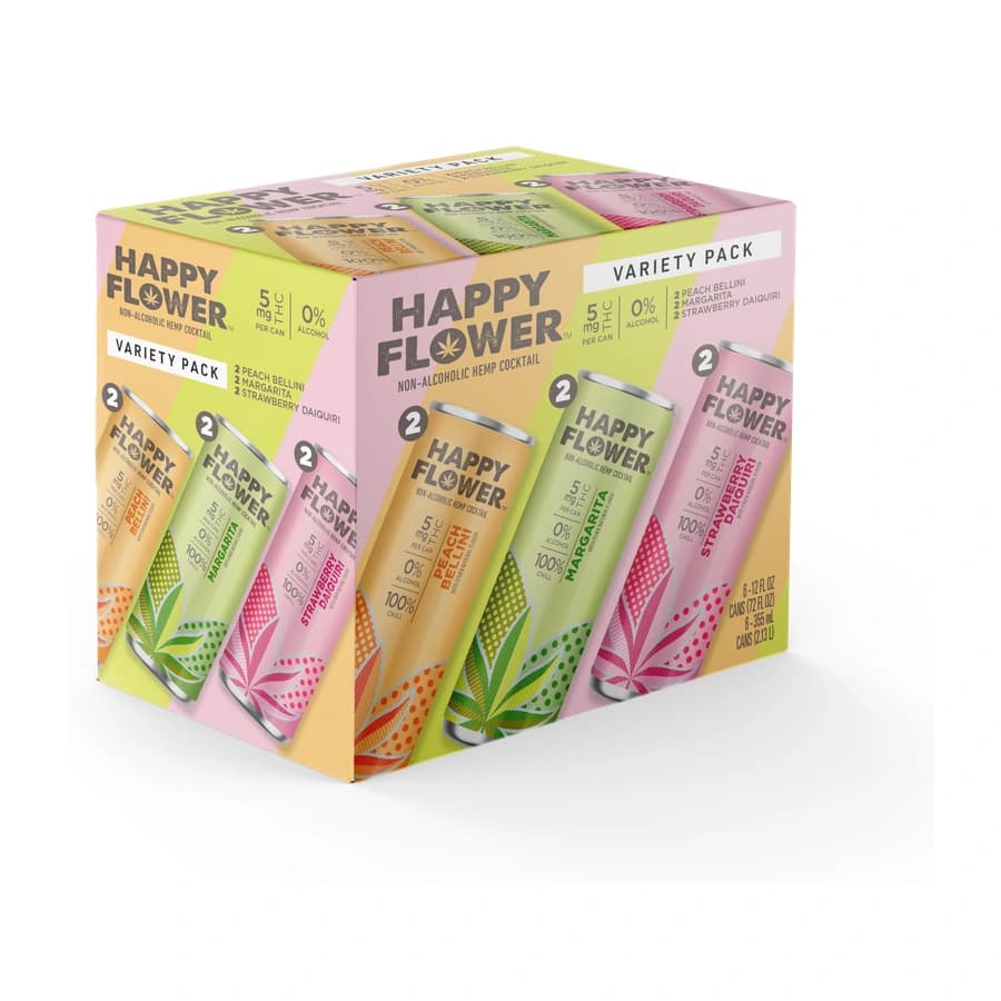 Happy Flower Variety Pack box showing Peach Bellini, Margarita and Strawberry Daiquiri cans.
