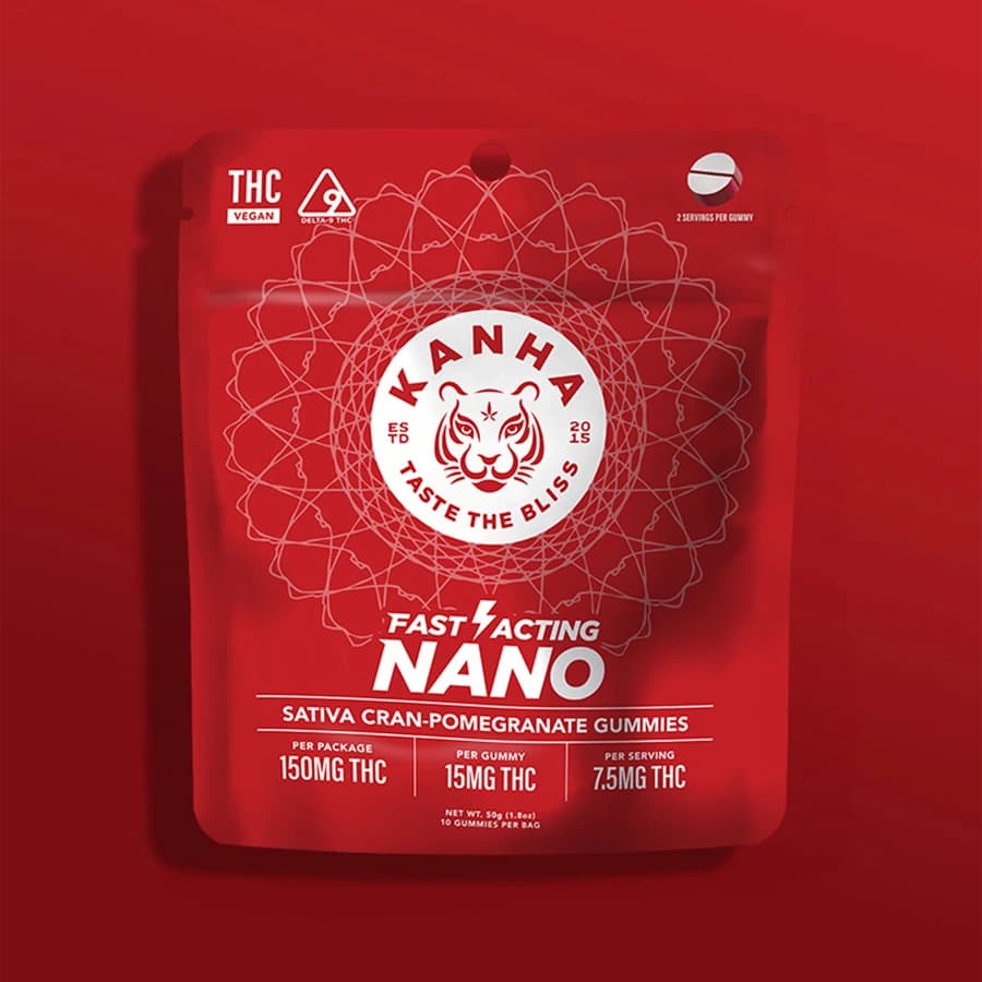 Red KANHA Nano Sativa Cran-Pomegranate gummies pouch.