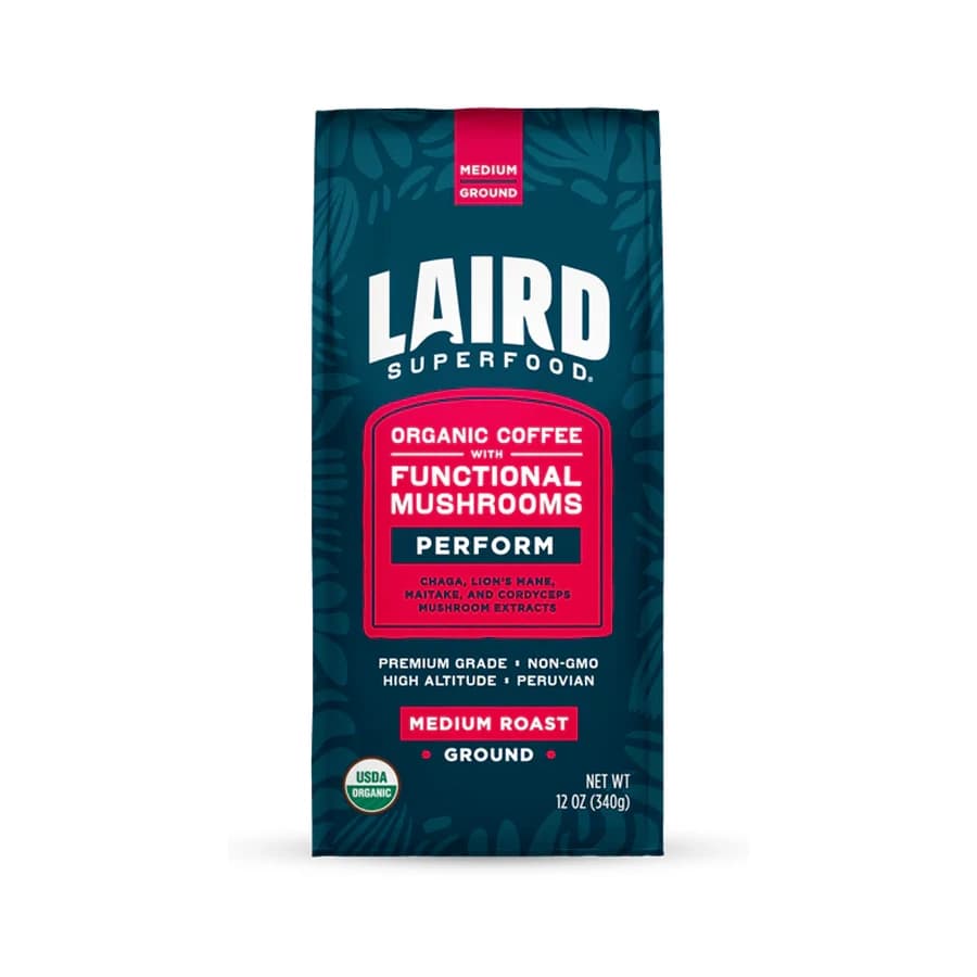 Dark blue Laird Superfood PERFORM medium-roast ground mushroom coffee pouch.