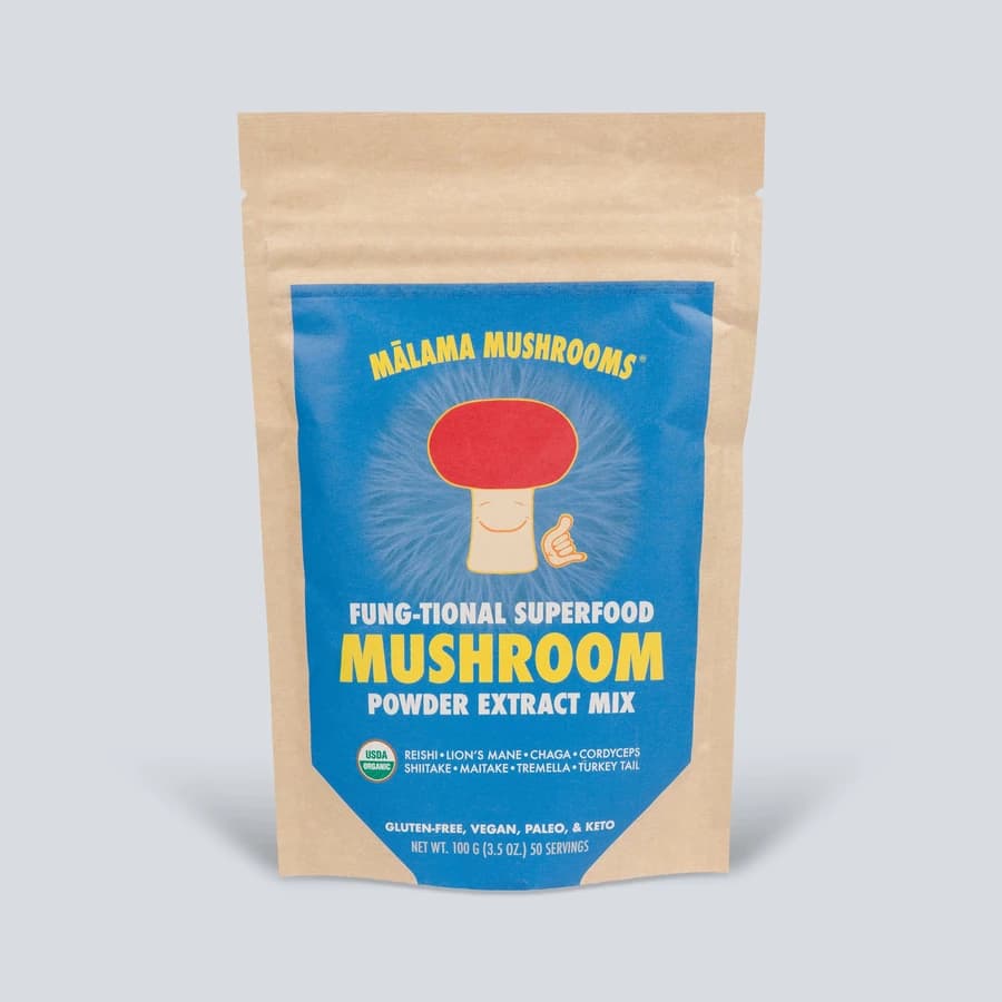 Mālama Mushrooms 8 Mushroom Superfood powder extract mix pouch with a blue label.