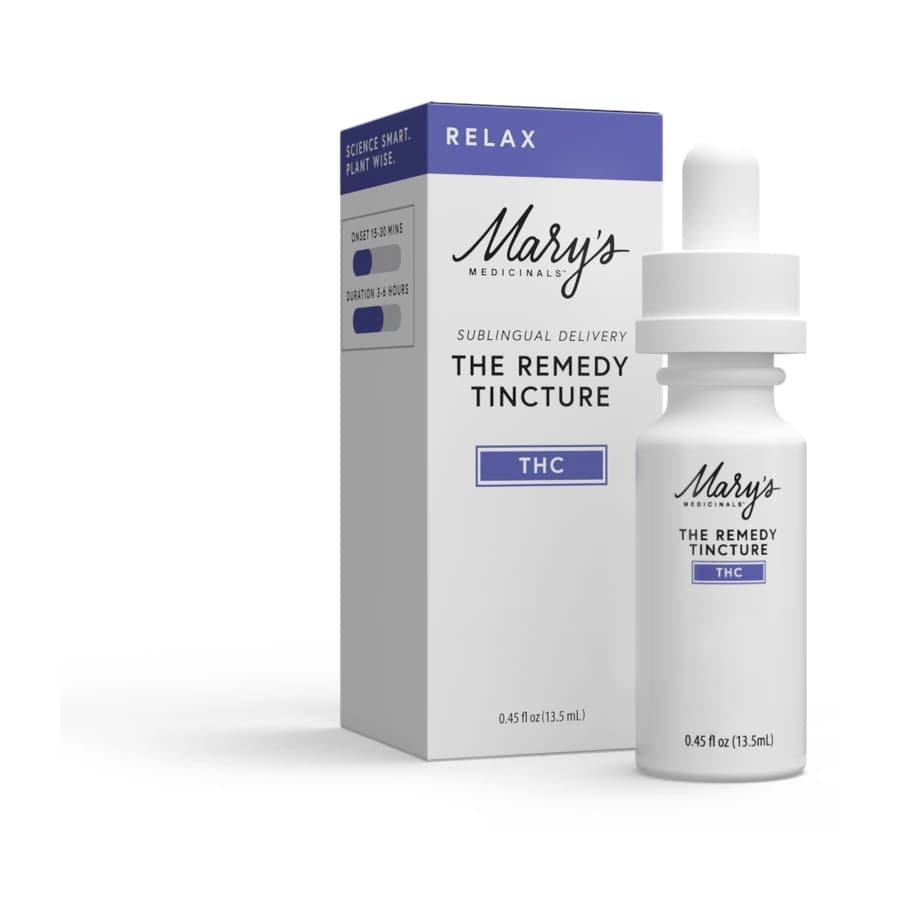 White Mary's Medicinals The Remedy Relax THC dropper bottle and lavender-labelled box.