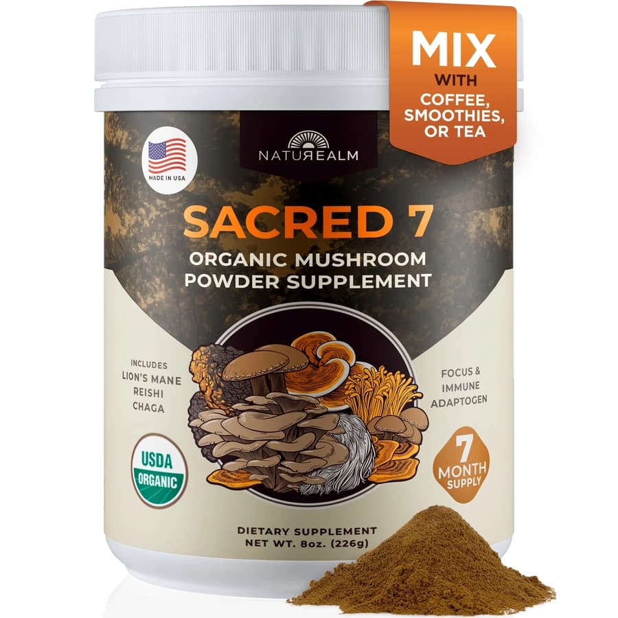 Naturealm Sacred 7 mushroom extract powder jar with a white lid and brown label.