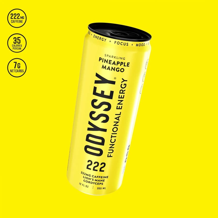 Yellow Odyssey Pineapple Mango 222 sparkling energy drink can.