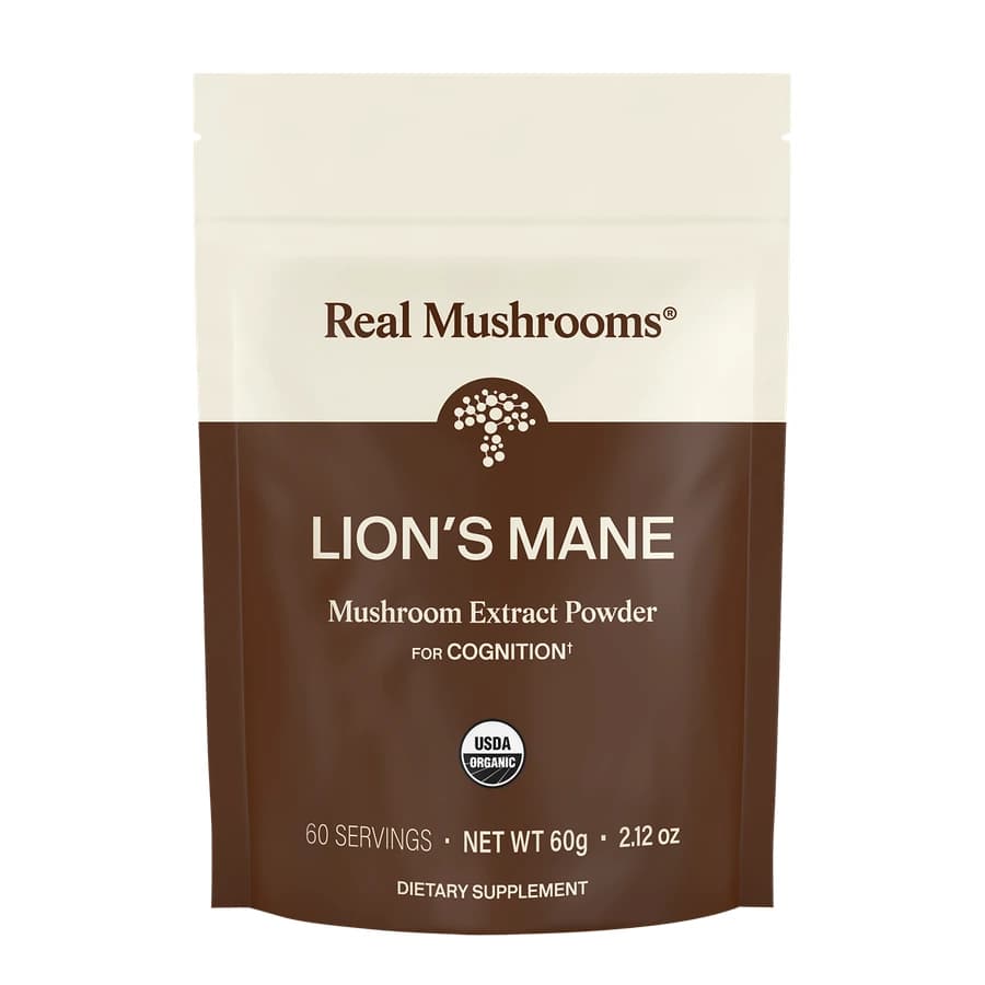Real Mushrooms Lion's Mane mushroom powder pouch with cream and brown packaging.