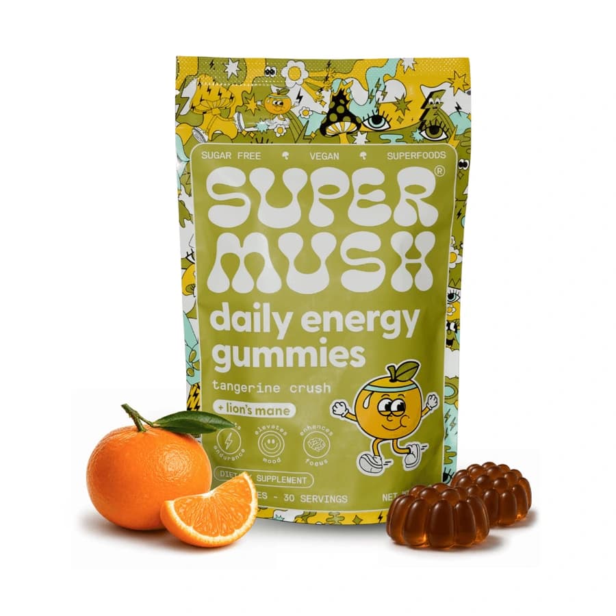 Green SuperMush Daily Energy Gummies Tangerine Crush pouch with a tangerine and brown gummies.