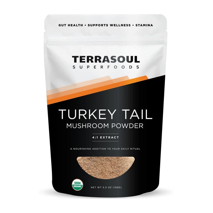 Terrasoul Superfoods Turkey Tail mushroom powder pouch with an orange stripe and clear powder window.