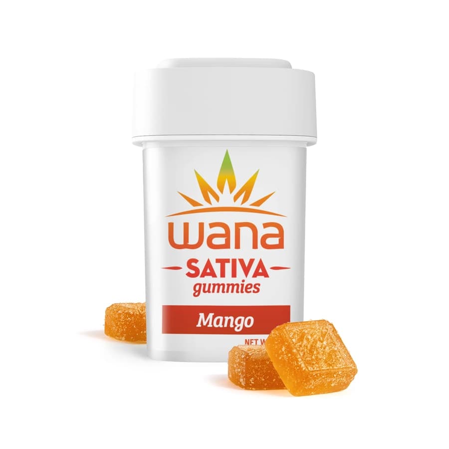 White Wana Sativa Mango gummies container with orange gummies.