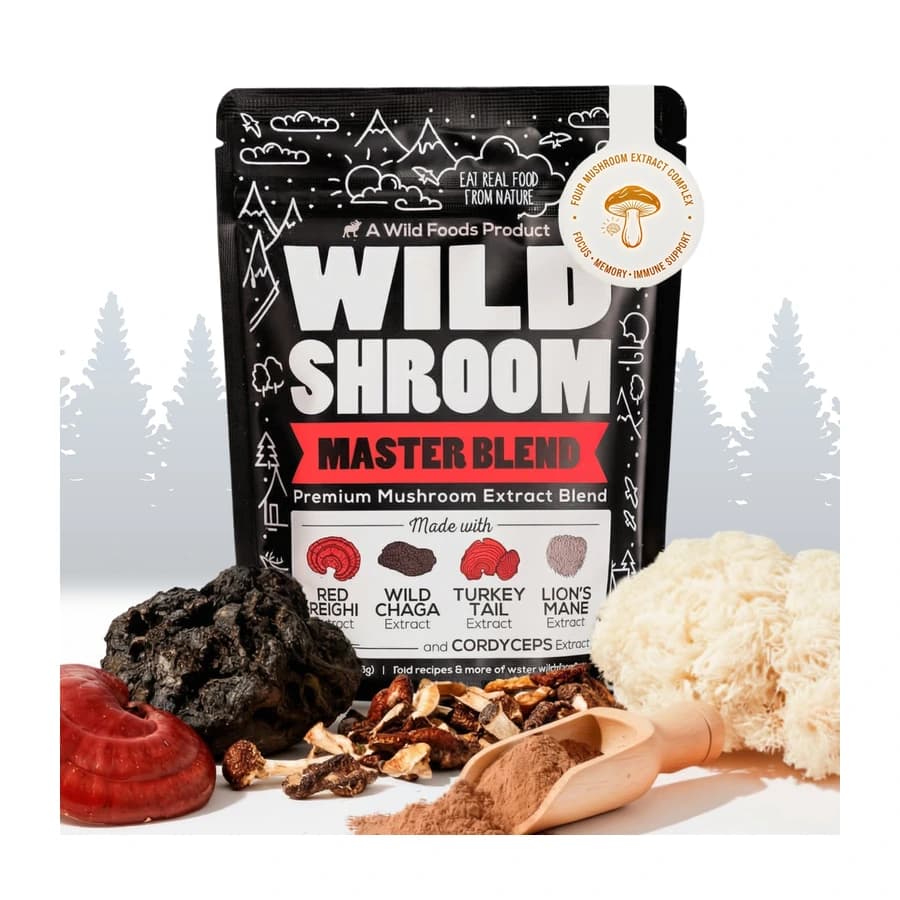 Black Wild Shroom Master Blend pouch with mushrooms and a scoop of powder in front.