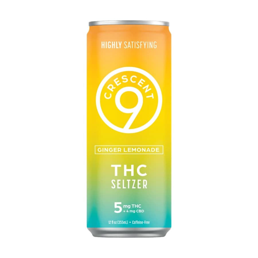 Yellow and green Crescent 9 Ginger Lemonade seltzer can labelled 5 mg THC.