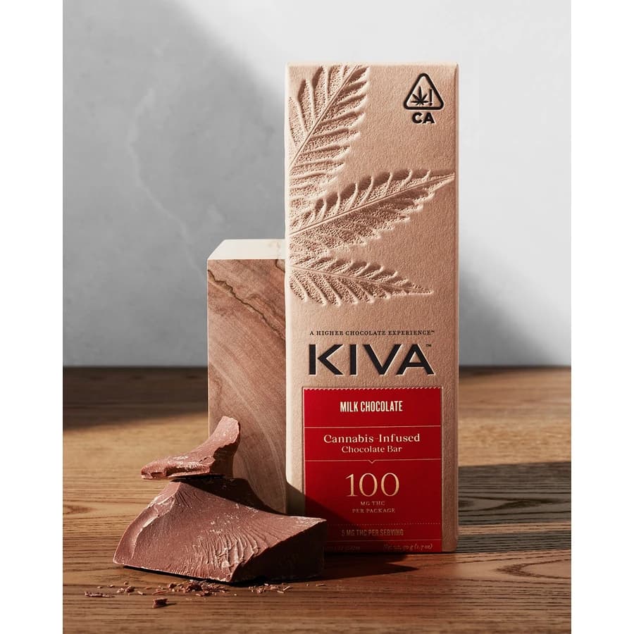 Kiva Milk Chocolate bar packaging beside chocolate pieces on a wooden surface.