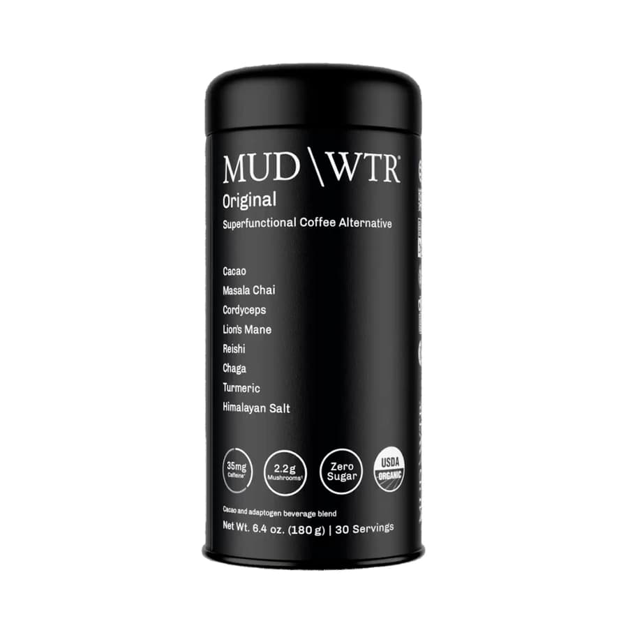 Black MUD\WTR Original 30-serving tin with ingredient names on the front.