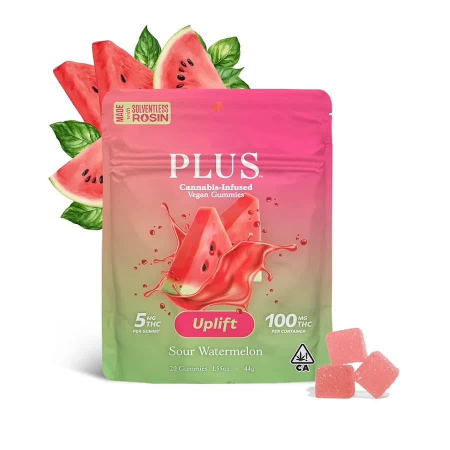 Pink and green PLUS Sour Watermelon Uplift gummies pouch with watermelon and gummies.