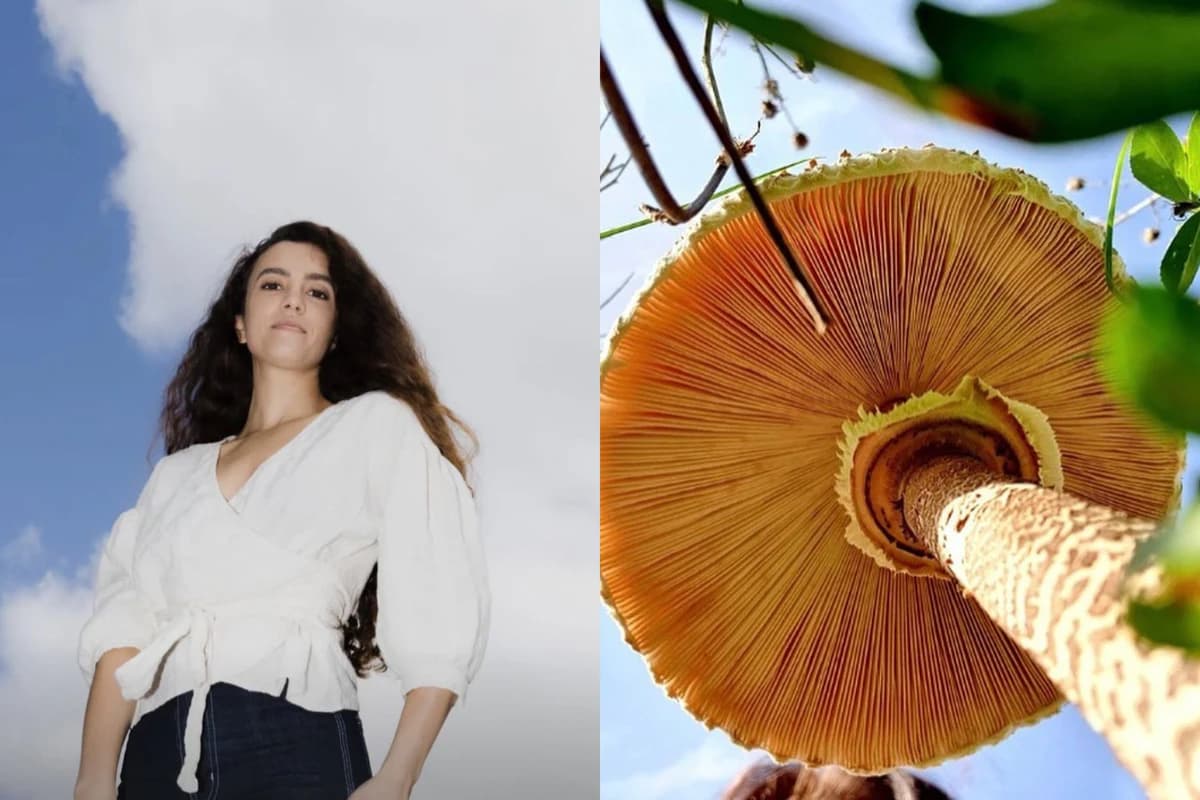 Rainbo founder Tonya Papanikolov beside a close-up photograph of mushroom gills