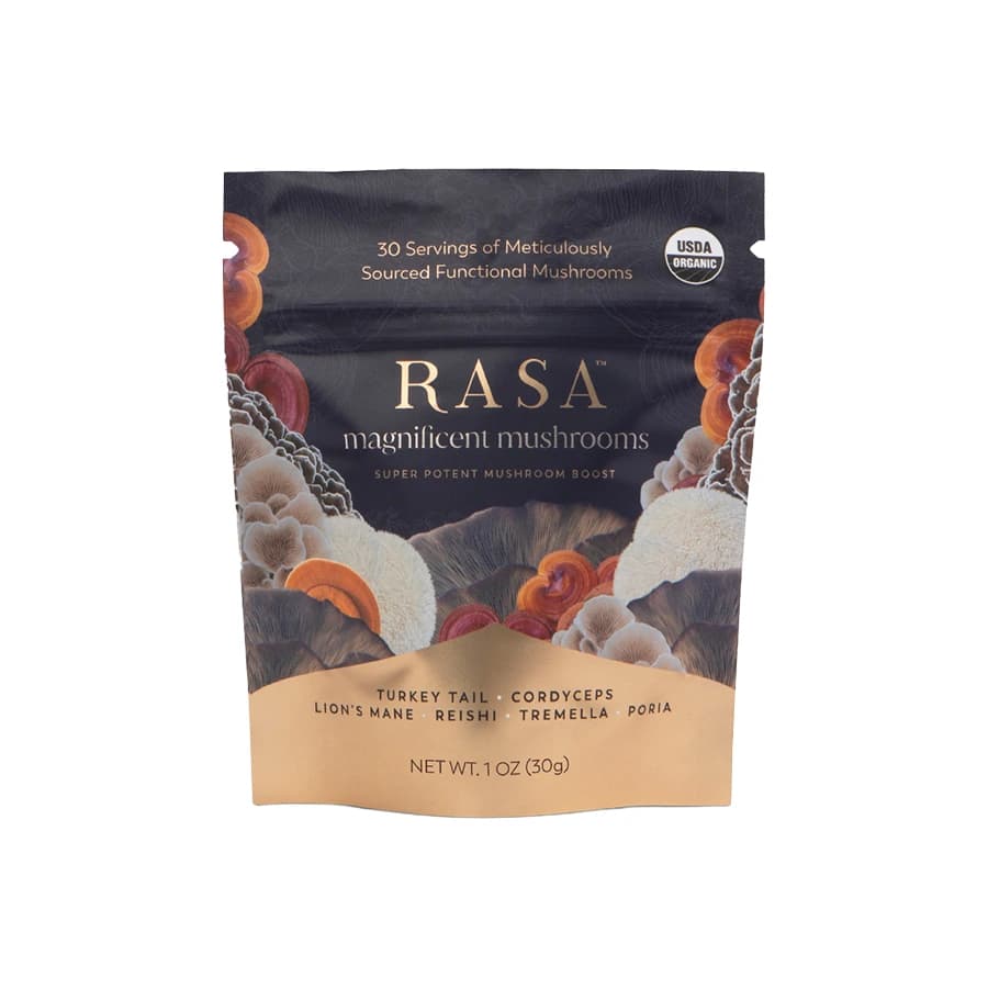 Rasa Magnificent Mushrooms pouch with illustrated mushrooms and a dark purple label.