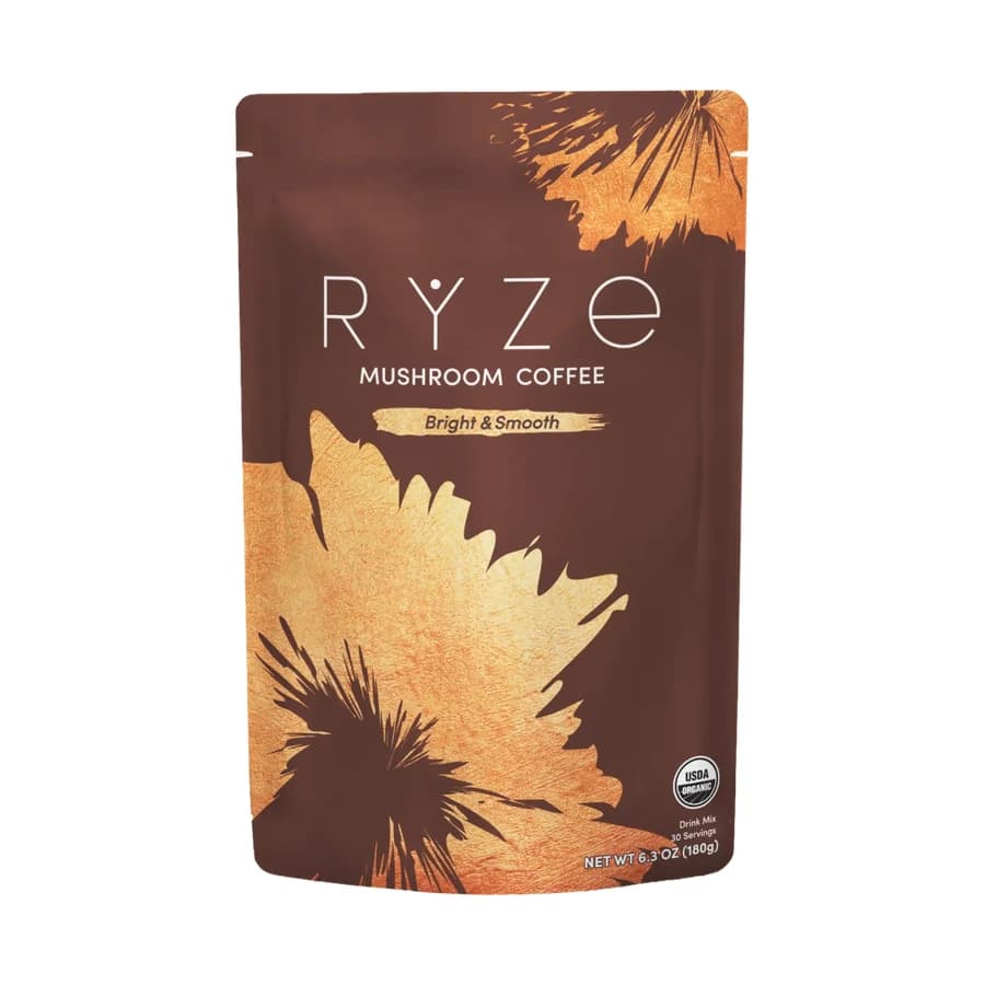 Brown and gold RYZE Mushroom Coffee Bright & Smooth pouch marked 30 servings.