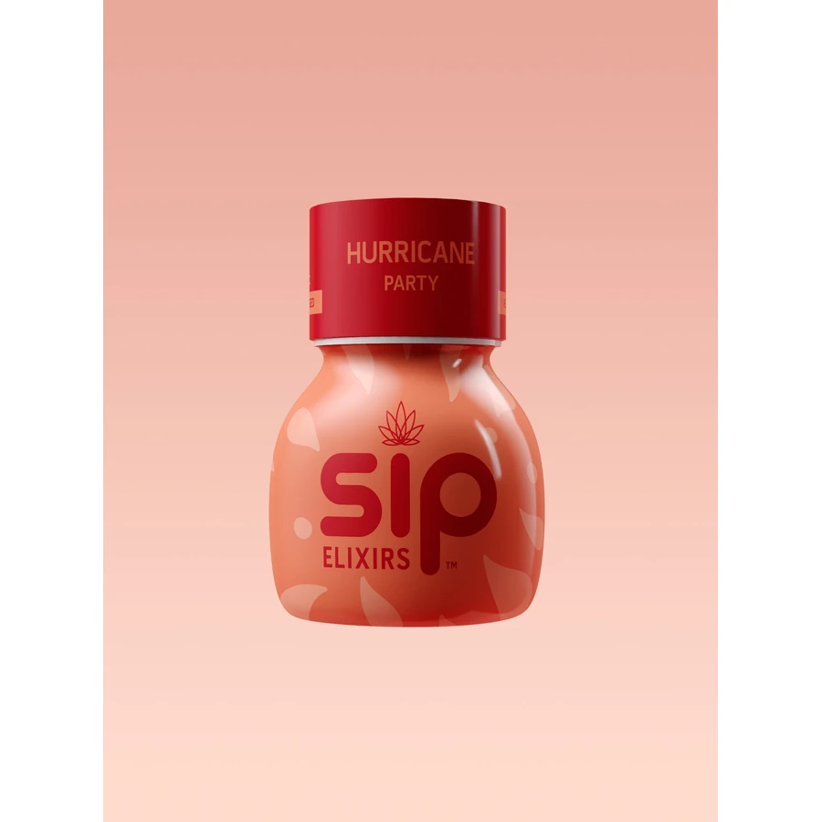 Sip Elixirs Hurricane bottle with a red cap against a peach background.